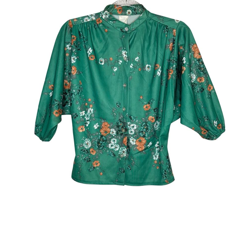 Vintage Womens M Green Floral Balloon Sleeve Blouse Cottagecore Romantic Boho